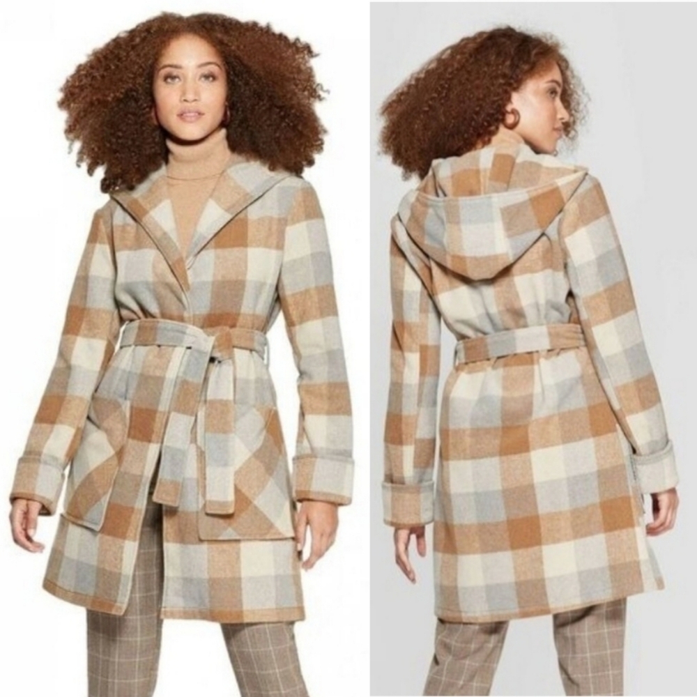 A new day earthy hooded plaid peacoat jacket coat